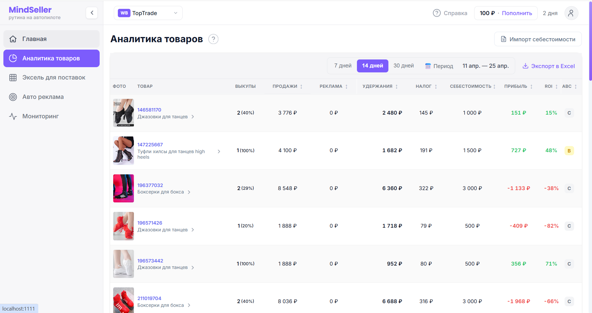 Аналитика прибыли Wildberries по SKU в MindSeller